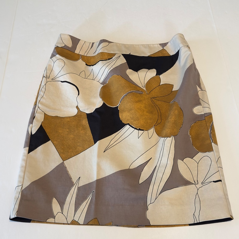 Ann Taylor Factory Petite Floral Mini Skirt 8P Mustard Grey Tan Cotton Blend